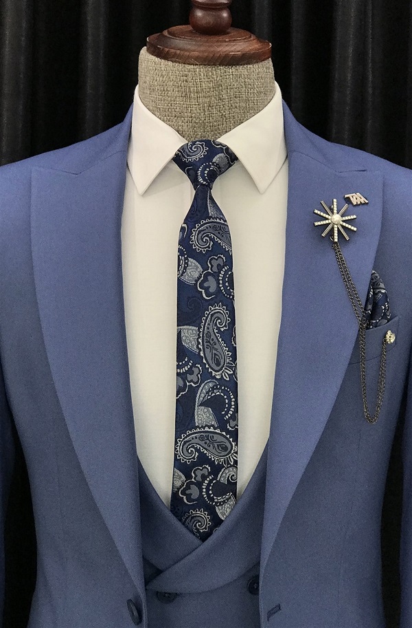 Blue Slim Fit 3 Piece Peak Lapel Suit for Men by Bespokedailyshop | Free Worldwide Shipping