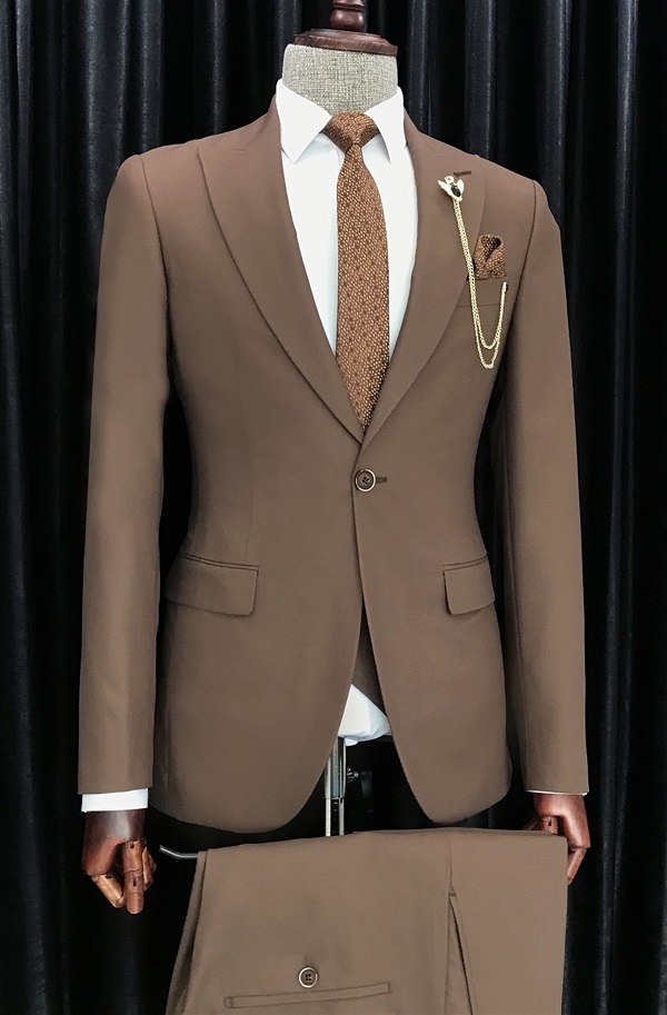 Brown Slim Fit 3 Piece Peak Lapel Suit for Men by Bespokedailyshop | Free Worldwide Shipping