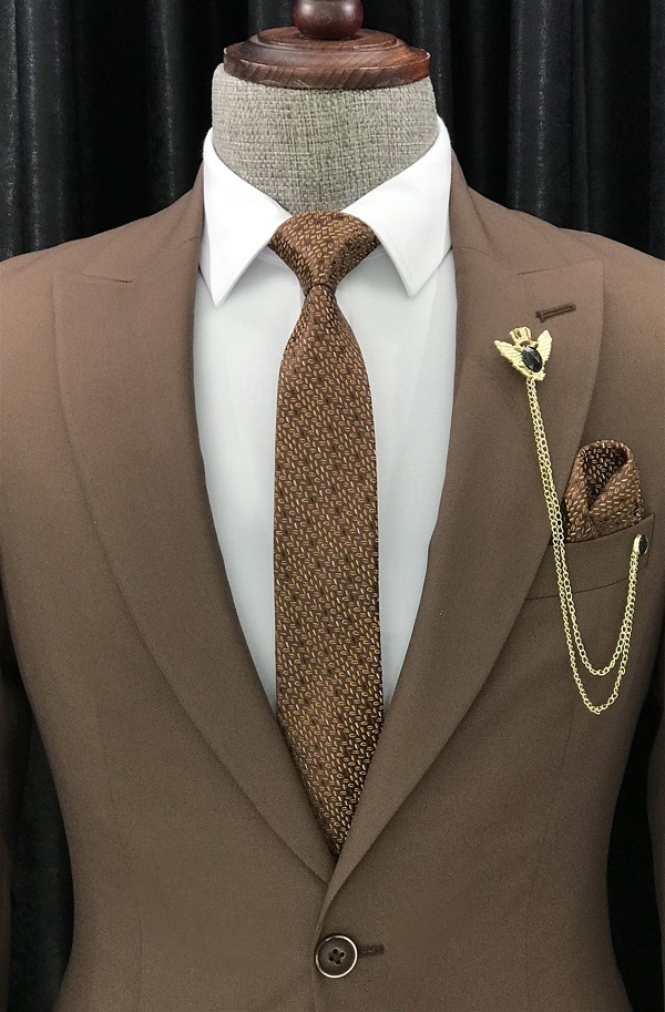 Brown Slim Fit 3 Piece Peak Lapel Suit for Men by Bespokedailyshop | Free Worldwide Shipping