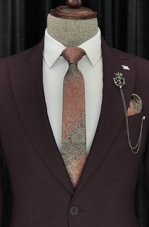 Burgundy Slim Fit 3 Piece Peak Lapel Suit for Men by Bespokedailyshop | Free Worldwide Shipping