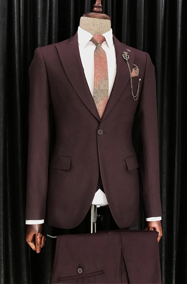 Burgundy Slim Fit 3 Piece Peak Lapel Suit for Men by Bespokedailyshop | Free Worldwide Shipping