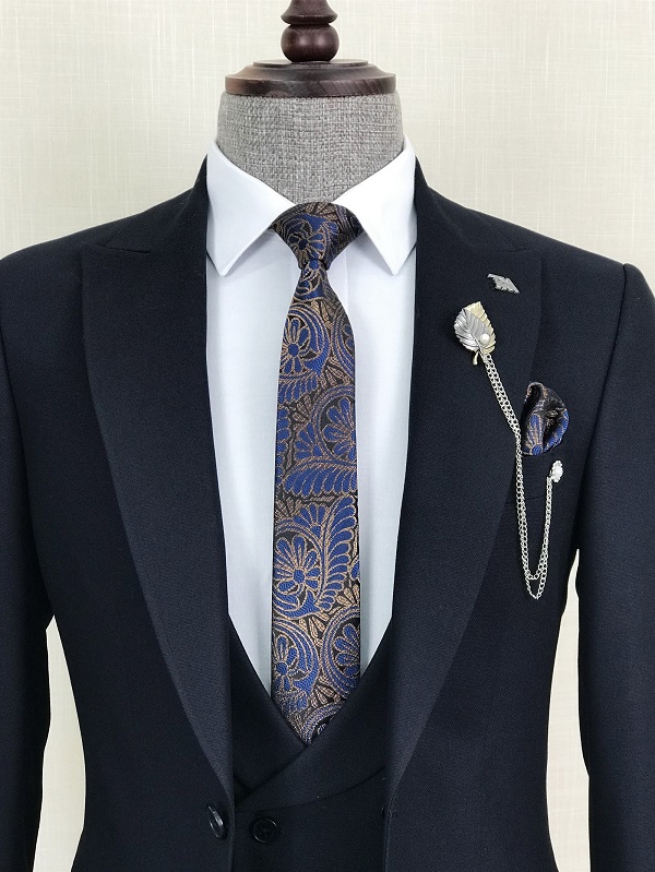 Dark Blue Slim Fit 3 Piece Peak Lapel Suit for Men by Bespokedailyshop | Free Worldwide Shipping