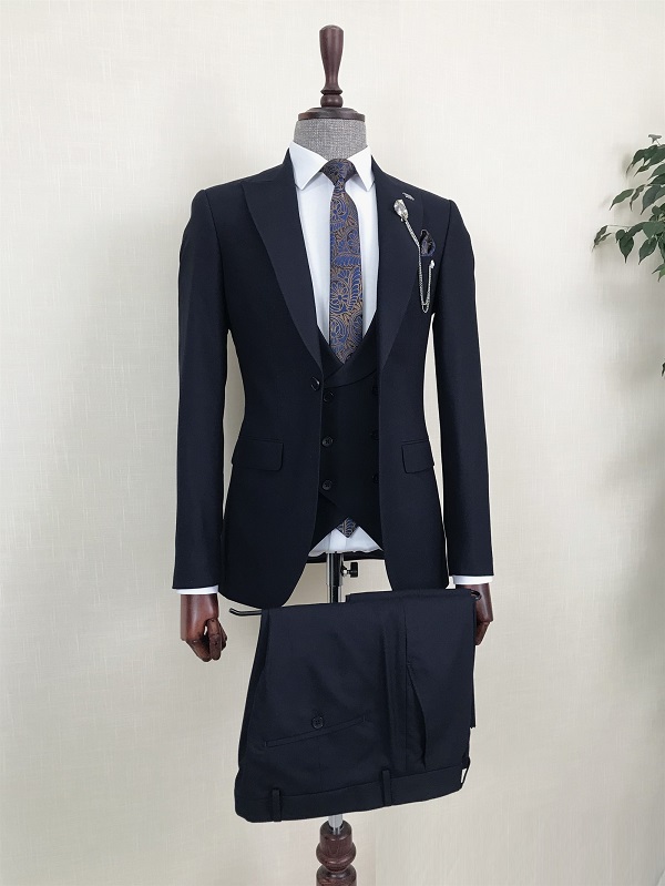 Dark Blue Slim Fit 3 Piece Peak Lapel Suit for Men by Bespokedailyshop | Free Worldwide Shipping