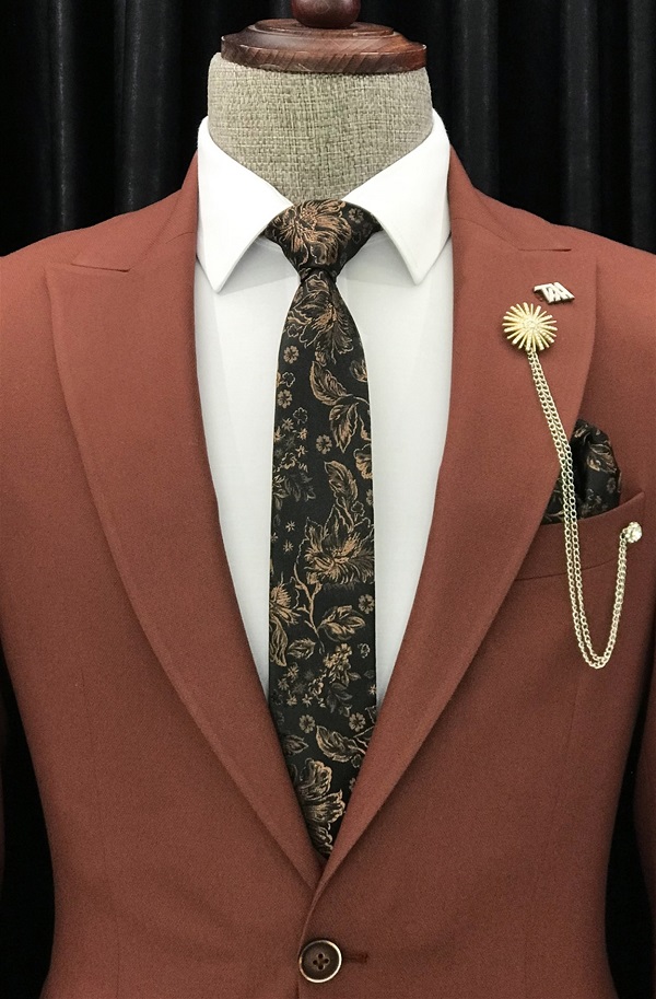Rust Slim Fit 3 Piece Peak Lapel Suit for Men by Bespokedailyshop | Free Worldwide Shipping