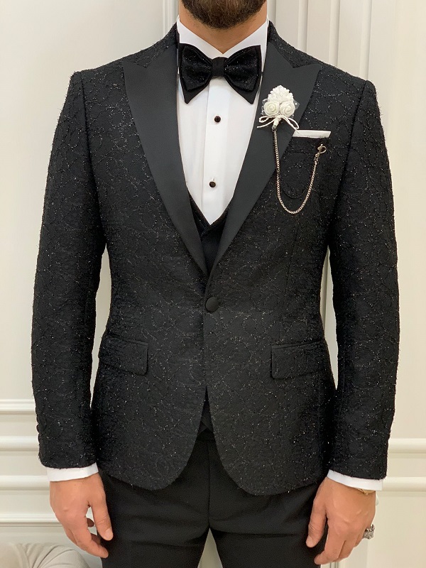 Black Slim Fit Peak Lapel Floral Patterned Tuxedo for Men by Bespokedailyshop | Free Worldwide Shipping