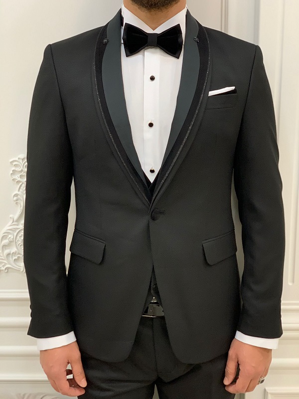 Black Slim Fit Velvet Shawl Button Lapel Tuxedo for Men by Bespokedailyshop | Free Worldwide Shipping