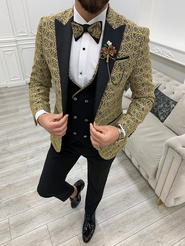 Golden Slim Fit Peak Lapel Floral Patterned Tuxedo for Men by Bespokedailyshop | Free Worldwide Shipping