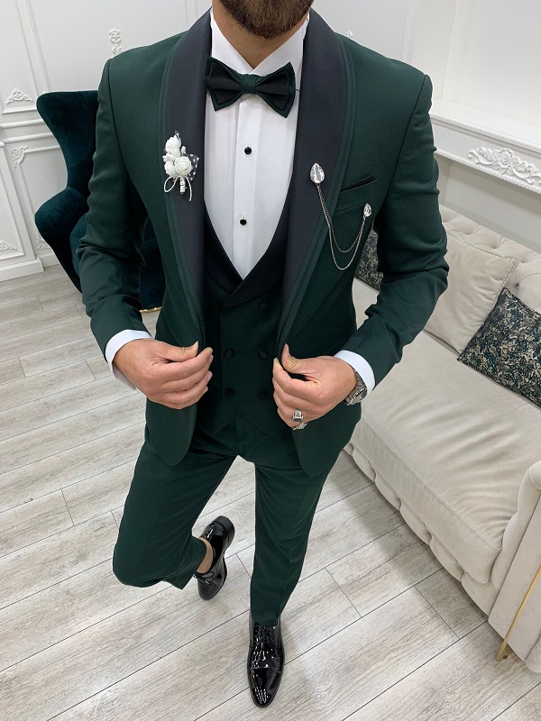 Green Slim Fit Shawl Lapel Tuxedo for Men by Bespokedailyshop | Free Worldwide Shipping