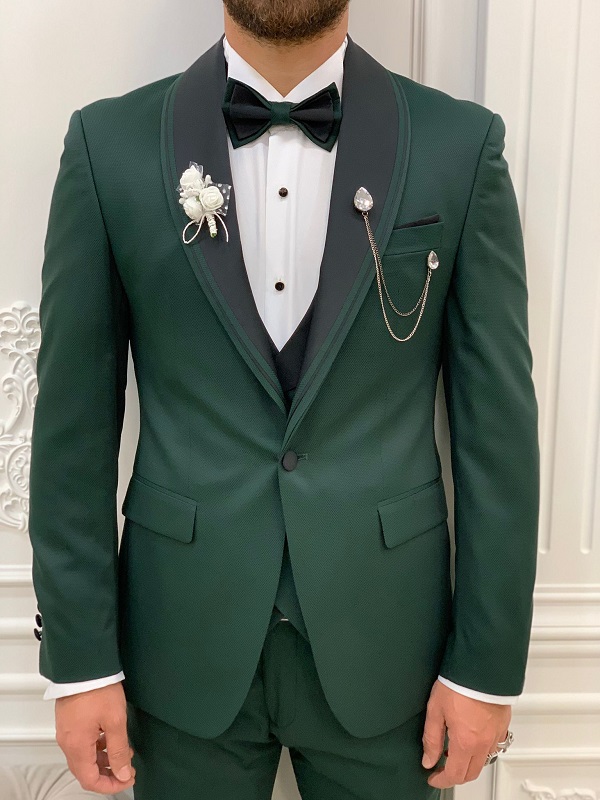 Green Slim Fit Shawl Lapel Tuxedo for Men by Bespokedailyshop | Free Worldwide Shipping