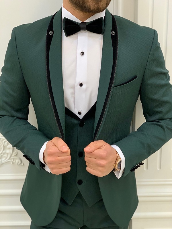 Green Slim Fit Velvet Shawl Button Lapel Tuxedo for Men by Bespokedailyshop | Free Worldwide Shipping