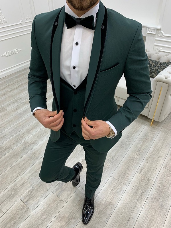 Green Slim Fit Velvet Shawl Button Lapel Tuxedo for Men by Bespokedailyshop | Free Worldwide Shipping