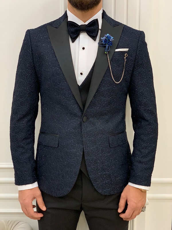 Navy Blue Slim Fit Peak Lapel Floral Patterned Tuxedo for Men by Bespokedailyshop | Free Worldwide Shipping