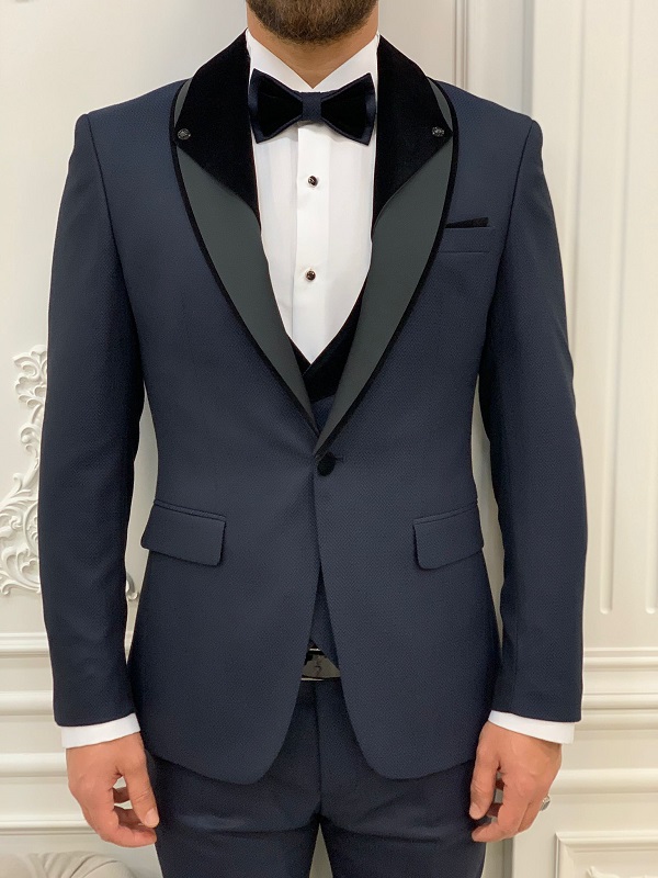 Navy Blue Slim Fit Velvet Shawl Lapel Tuxedo for Men by Bespokedailyshop | Free Worldwide Shipping