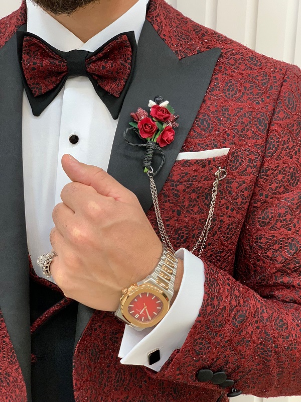 Red Slim Fit Peak Lapel Floral Patterned Tuxedo for Men by Bespokedailyshop | Free Worldwide Shipping