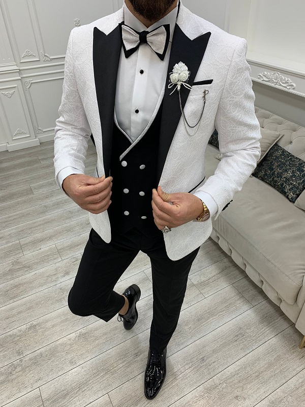 White Slim Fit Peak Lapel Floral Patterned Tuxedo for Men by Bespokedailyshop | Free Worldwide Shipping