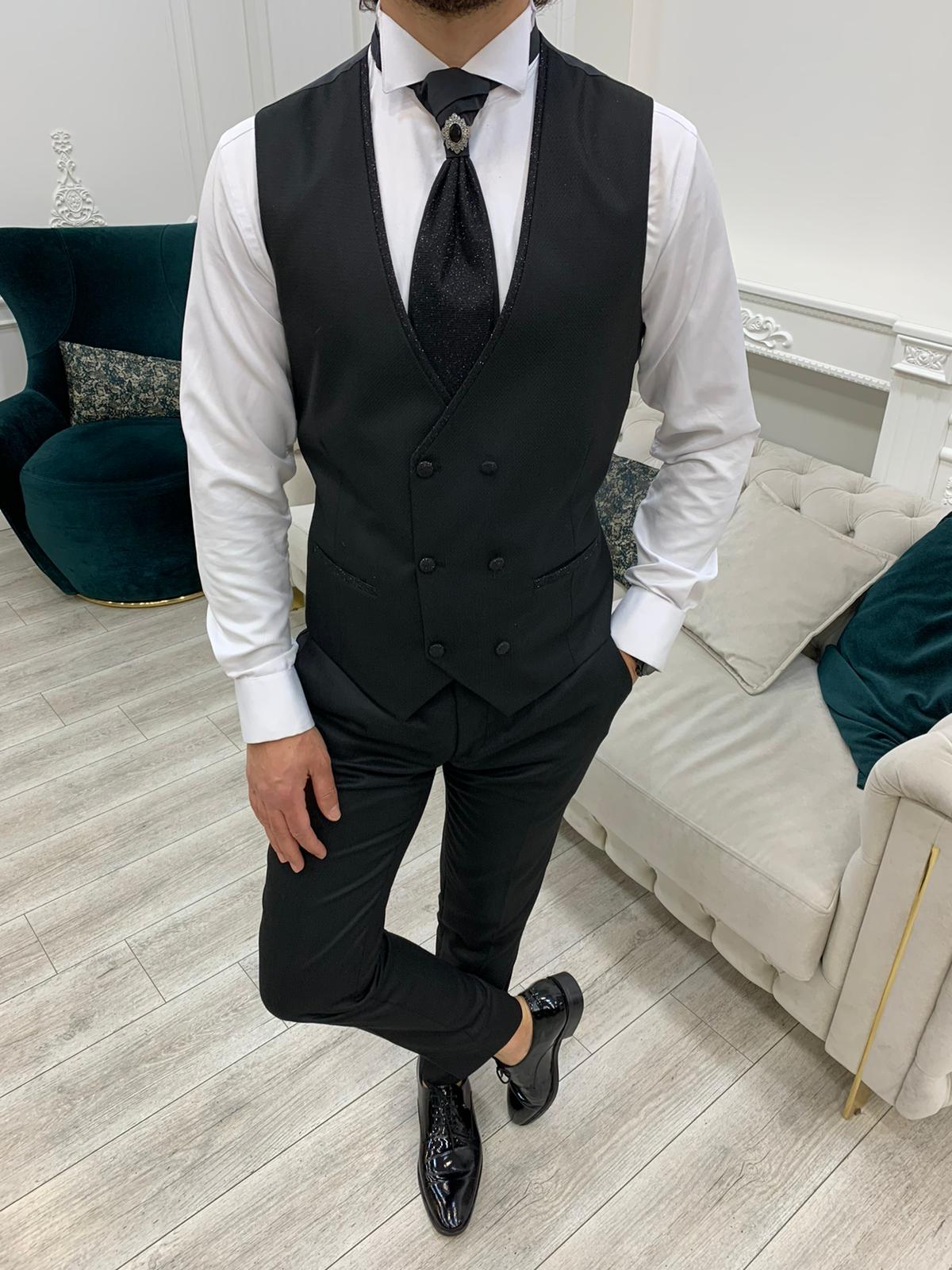 Black Slim Fit Glitter Peak Lapel Wedding Suit for Men by Bespokedailyshop | Free Worldwide Shipping