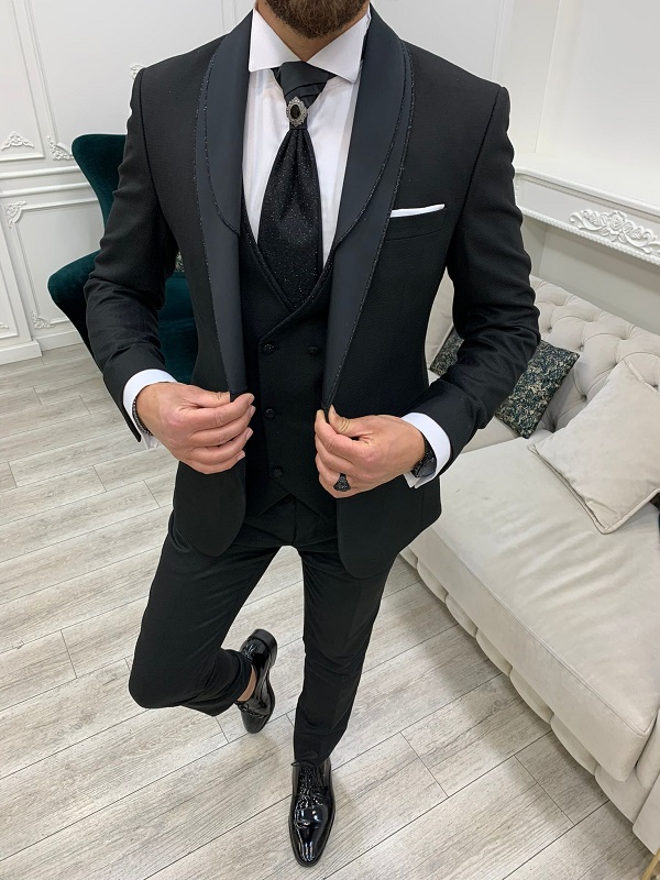 Black Slim Fit Shawl Lapel Wedding Suit for Men by Bespokedailyshop | Free Worldwide Shipping