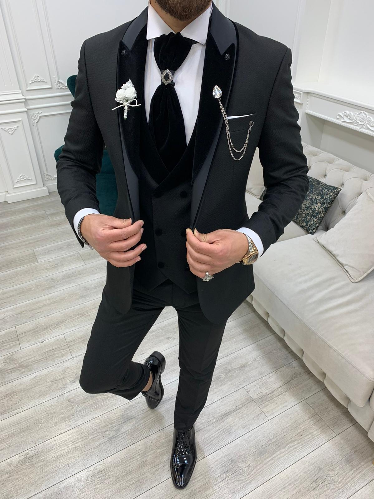 Black Slim Fit Velvet Peak Lapel Wedding Suit for Men by Bespokedailyshop | Free Worldwide Shipping