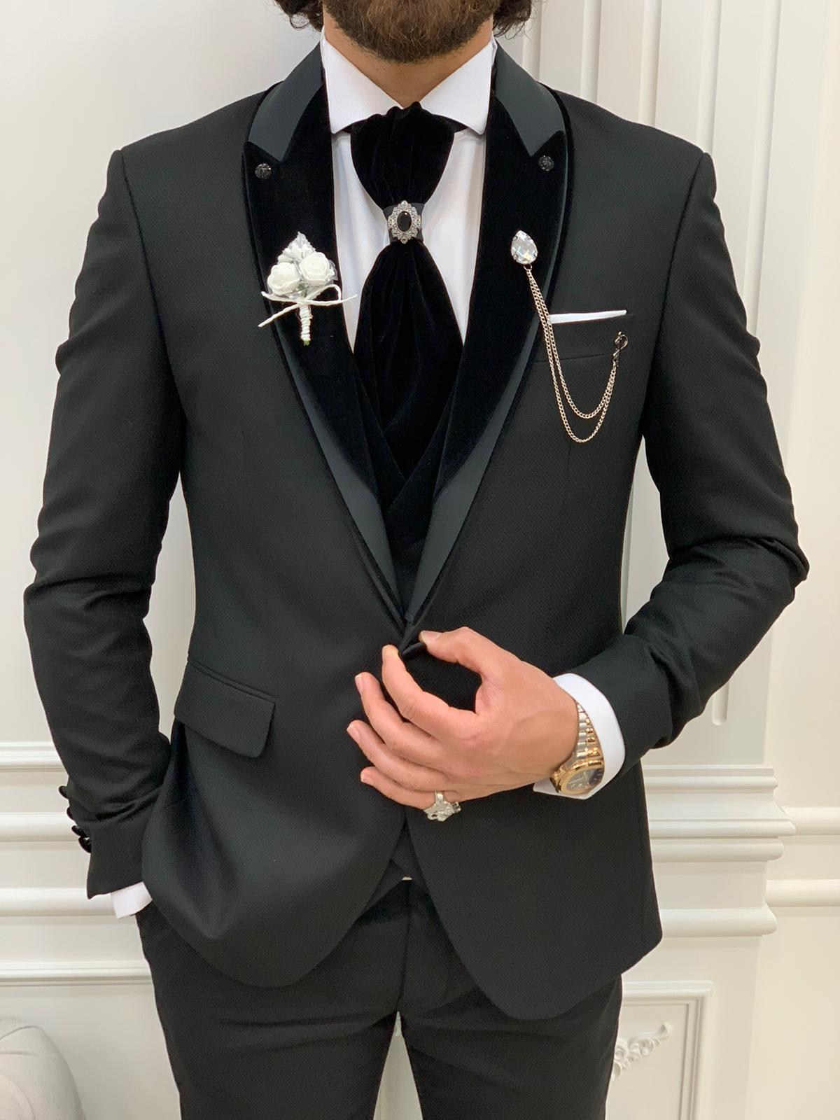 Black Slim Fit Velvet Peak Lapel Wedding Suit for Men by Bespokedailyshop | Free Worldwide Shipping