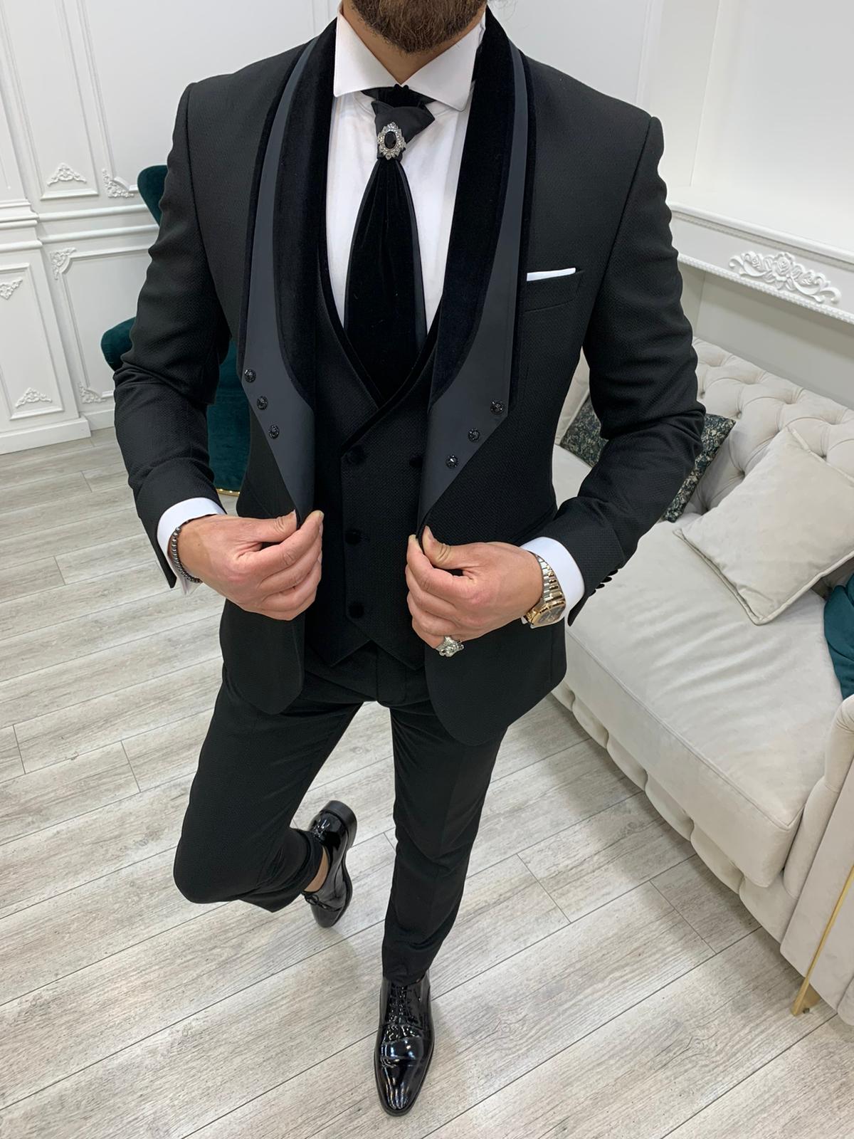 Black Slim Fit Velvet Shawl Lapel Wedding Suit for Men by Bespokedailyshop | Free Worldwide Shipping