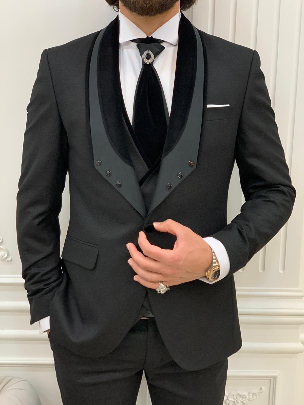 Black Slim Fit Velvet Shawl Lapel Wedding Suit for Men by Bespokedailyshop | Free Worldwide Shipping