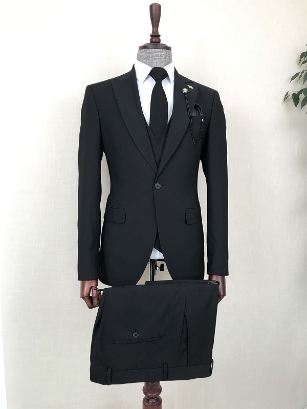 Black Slim Fit 3 Piece Peak Lapel Suit for Men by Bespokedailyshop | Free Worldwide Shipping