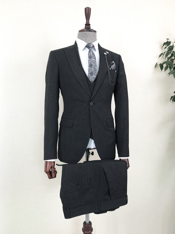 Dark Gray Slim Fit 3 Piece Peak Lapel Suit for Men by Bespokedailyshop | Free Worldwide Shipping