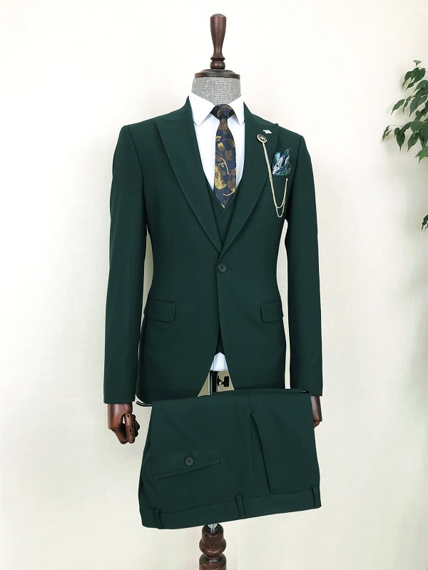 Green Slim Fit 3 Piece Peak Lapel Suit for Men by Bespokedailyshop | Free Worldwide Shipping
