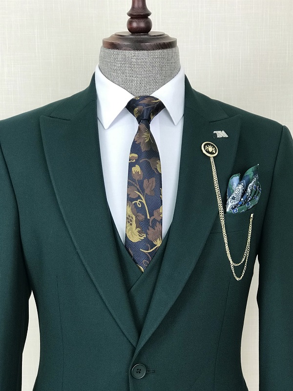 Green Slim Fit 3 Piece Peak Lapel Suit for Men by Bespokedailyshop | Free Worldwide Shipping