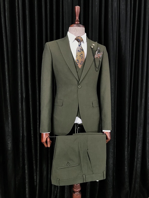 Khaki Slim Fit 3 Piece Peak Lapel Suit for Men by Bespokedailyshop | Free Worldwide Shipping