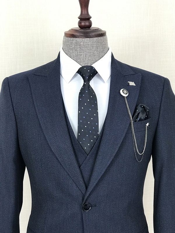 Navy Blue Slim Fit 3 Piece Peak Lapel Suit for Men by Bespokedailyshop | Free Worldwide Shipping