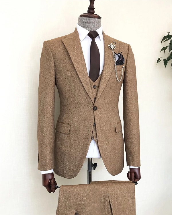 Camel Slim Fit 3 Piece Peak Lapel Suit for Men by Bespokedailyshop | Free Worldwide Shipping