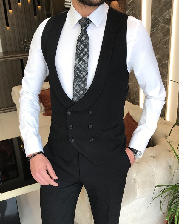 Black Slim Fit 3 Piece Peak Lapel Date Night Plaid Wool Suit for Men by Bespokedailyshop | Free Worldwide Shipping