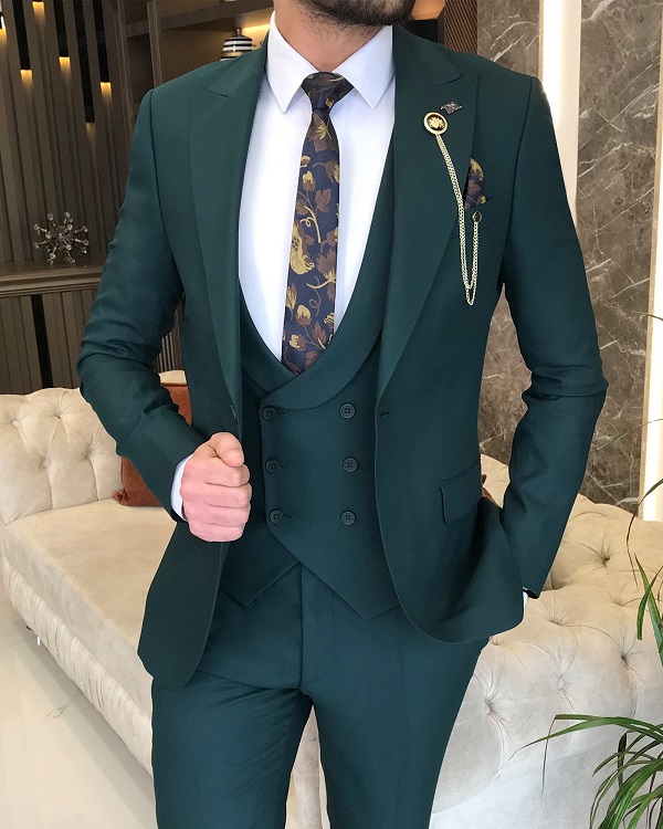 Green Slim Fit 3 Piece Peak Lapel Date Night Plaid Wool Suit for Men by Bespokedailyshop | Free Worldwide Shipping