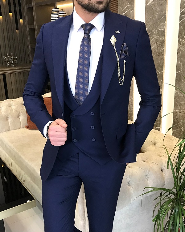 Navy Blue Slim Fit 3 Piece Peak Lapel Date Night Plaid Wool Suit for Men by Bespokedailyshop | Free Worldwide Shipping