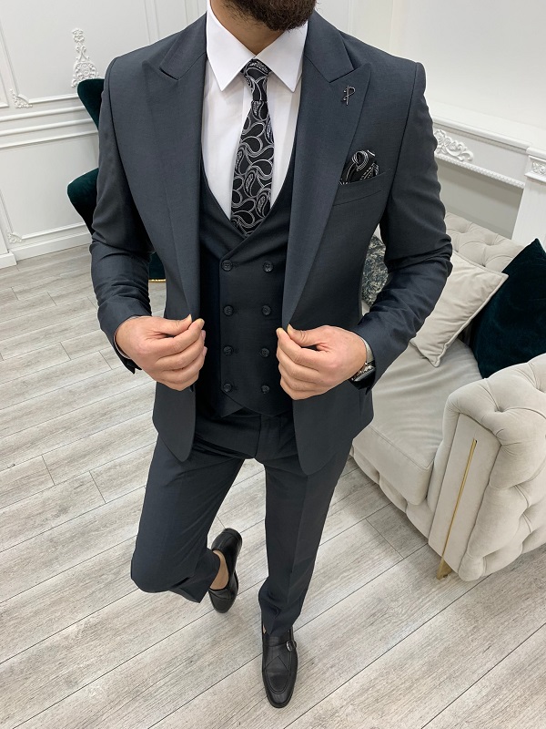 Dark Gray Slim Fit Peak Lapel Groom Wedding Suit for Men by Bespokedailyshop | Free Worldwide Shipping