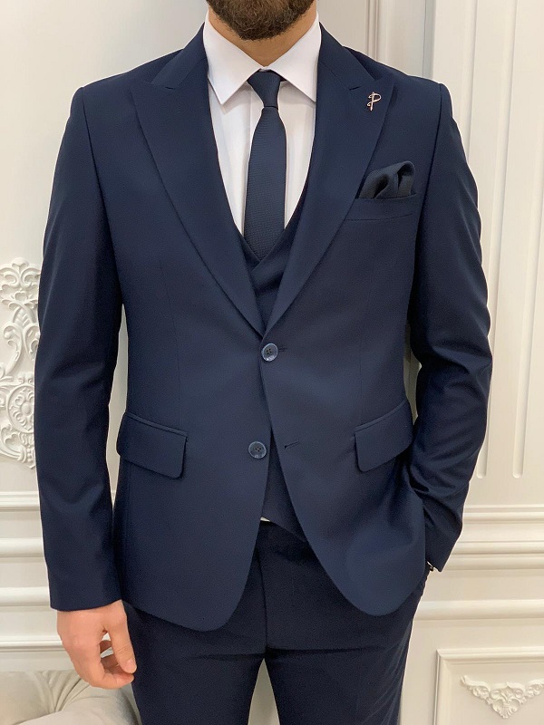 Navy Slim Fit Peak Lapel Groom Wedding Suit for Men by Bespokedailyshop | Free Worldwide Shipping