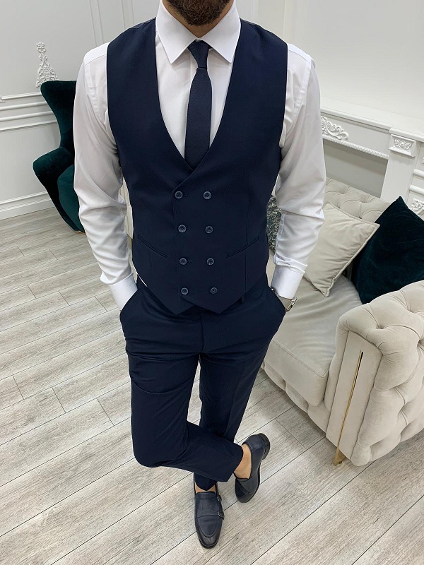 Navy Slim Fit Peak Lapel Groom Wedding Suit for Men by Bespokedailyshop | Free Worldwide Shipping