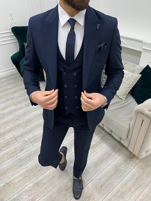 Dark Navy Blue Slim Fit Peak Lapel Groom Wedding Suit for Men by Bespokedailyshop | Free Worldwide Shipping