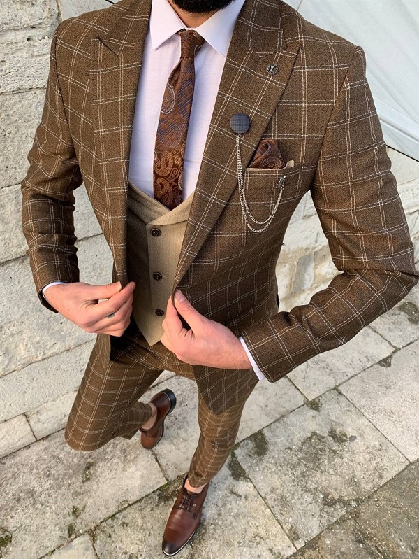Brown Slim Fit 3 Piece Peak Lapel Date Night Plaid Wool Suit for Men by Bespokedailyshop | Free Worldwide Shipping