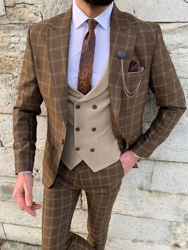 Brown Slim Fit 3 Piece Peak Lapel Date Night Plaid Wool Suit for Men by Bespokedailyshop | Free Worldwide Shipping