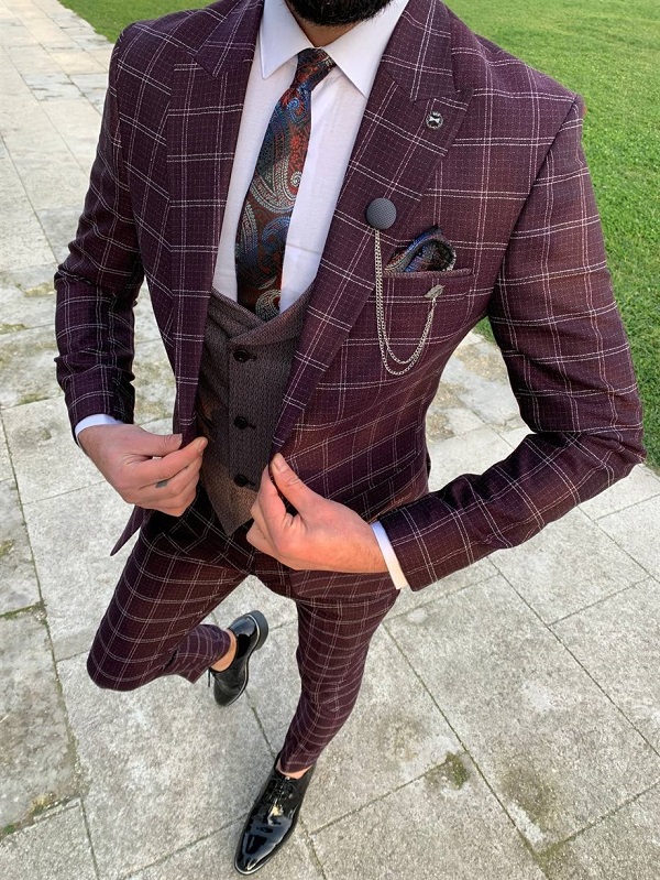 Burgundy Slim Fit 3 Piece Peak Lapel Date Night Plaid Wool Suit for Men by Bespokedailyshop | Free Worldwide Shipping