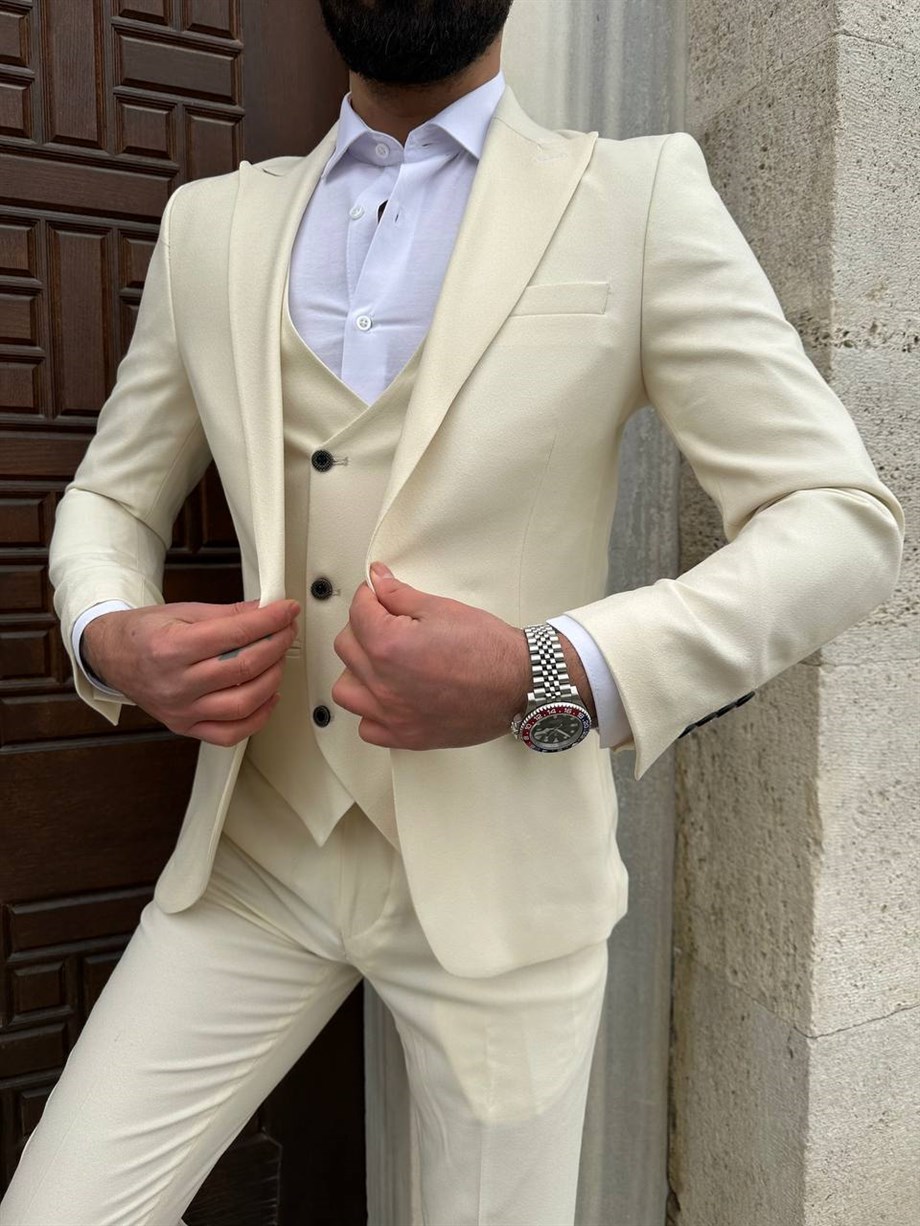 Cream Slim Fit 3 Piece Peak Lapel Wool Suit for Men by Bespokedailyshop | Free Worldwide Shipping