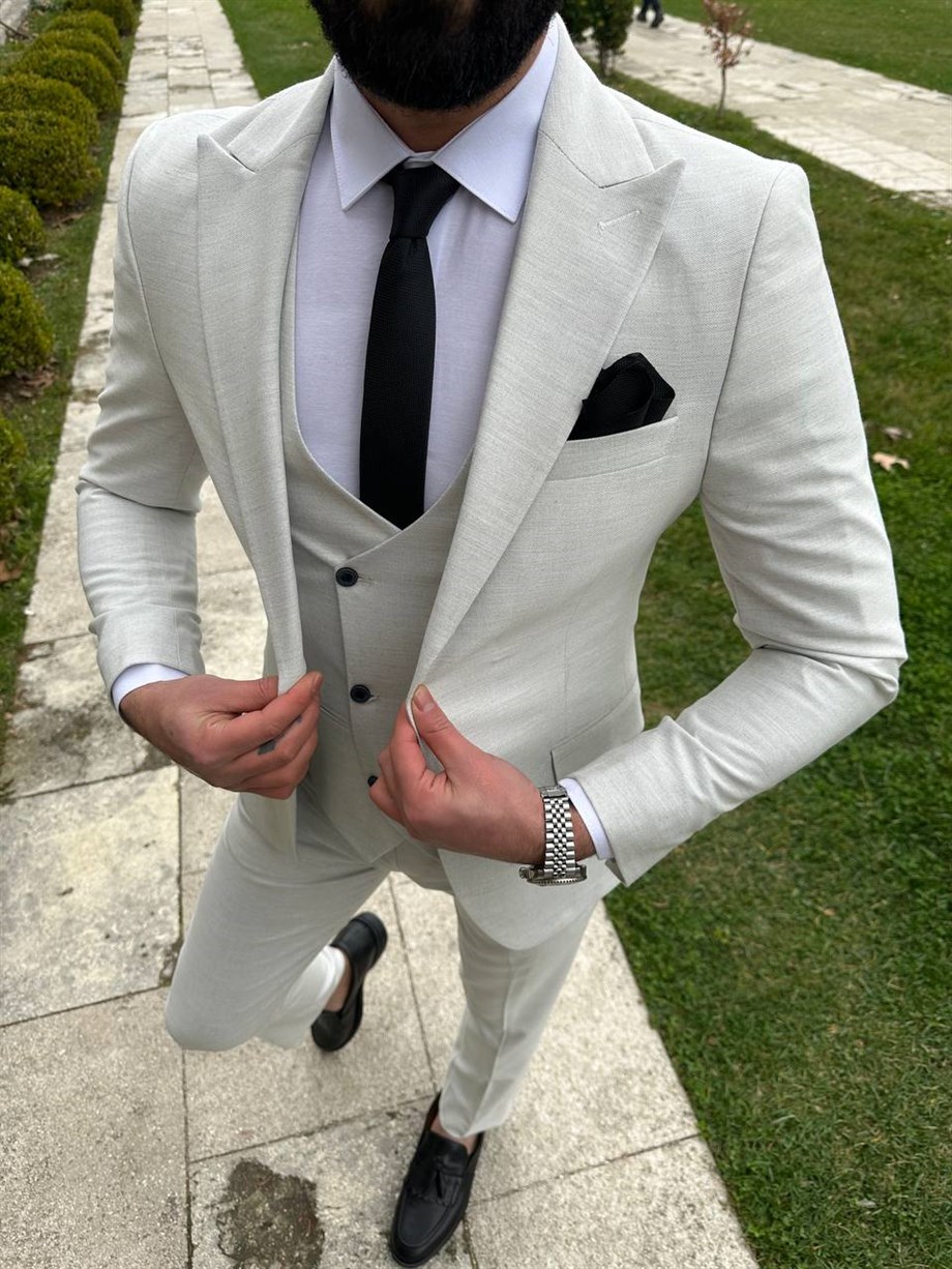 Light Gray Slim Fit 3 Piece Peak Lapel Wool Suit for Men by Bespokedailyshop | Free Worldwide Shipping