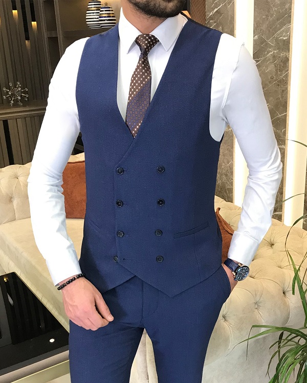 Blue Slim Fit 3 Piece Peak Lapel Date Night Plaid Wool Suit for Men by Bespokedailyshop | Free Worldwide Shipping