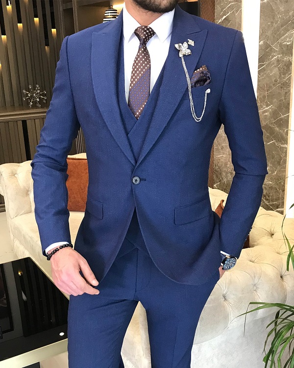 Blue Slim Fit 3 Piece Peak Lapel Date Night Plaid Wool Suit for Men by Bespokedailyshop | Free Worldwide Shipping