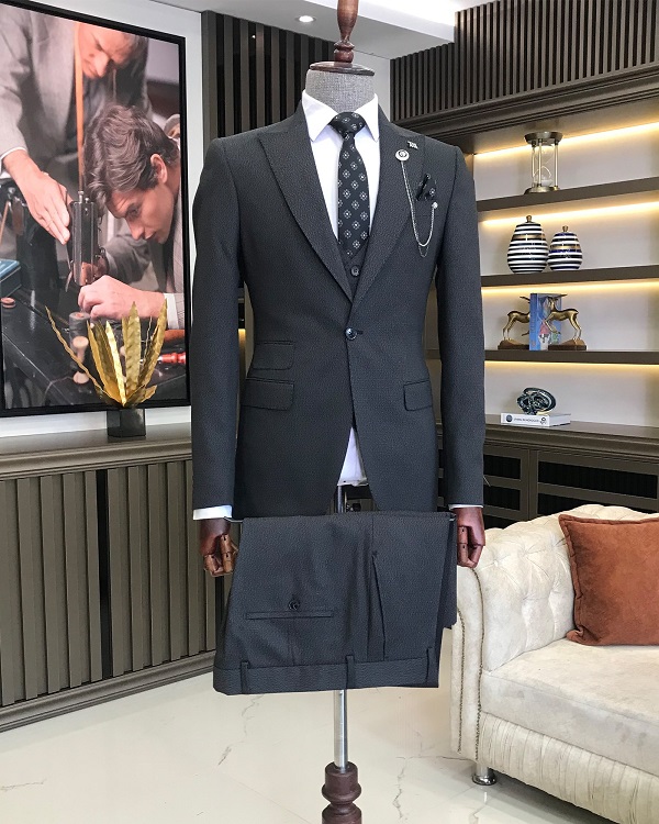 Dark Gray Slim Fit 3 Piece Peak Lapel Date Night Plaid Wool Suit for Men by Bespokedailyshop | Free Worldwide Shipping