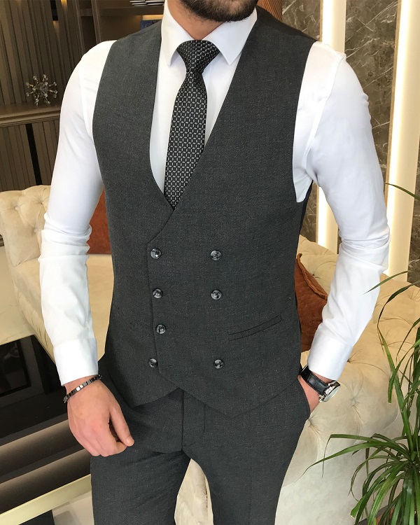 Dark Gray Slim Fit 3 Piece Peak Lapel Date Night Plaid Wool Suit for Men by Bespokedailyshop | Free Worldwide Shipping