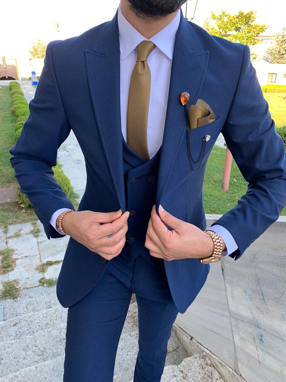 Blue Slim Fit 3 Piece Peak Lapel Date Night Wool Suit for Men by Bespokedailyshop | Free Worldwide Shipping