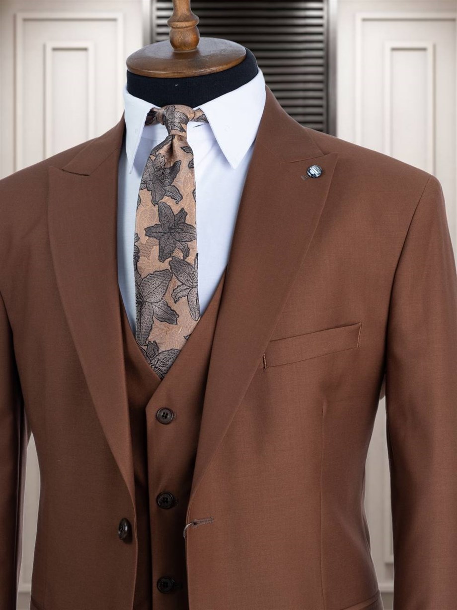 Brown Slim Fit 3 Piece Peak Lapel Wool Suit for Men by Bespokedailyshop | Free Worldwide Shipping
